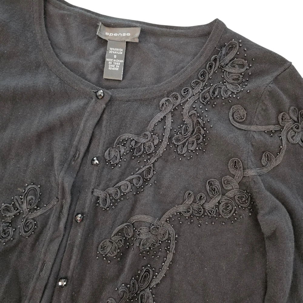 Spense Black Embellished Floral Beaded Cardigan Sweater Size S Button Front Y2K